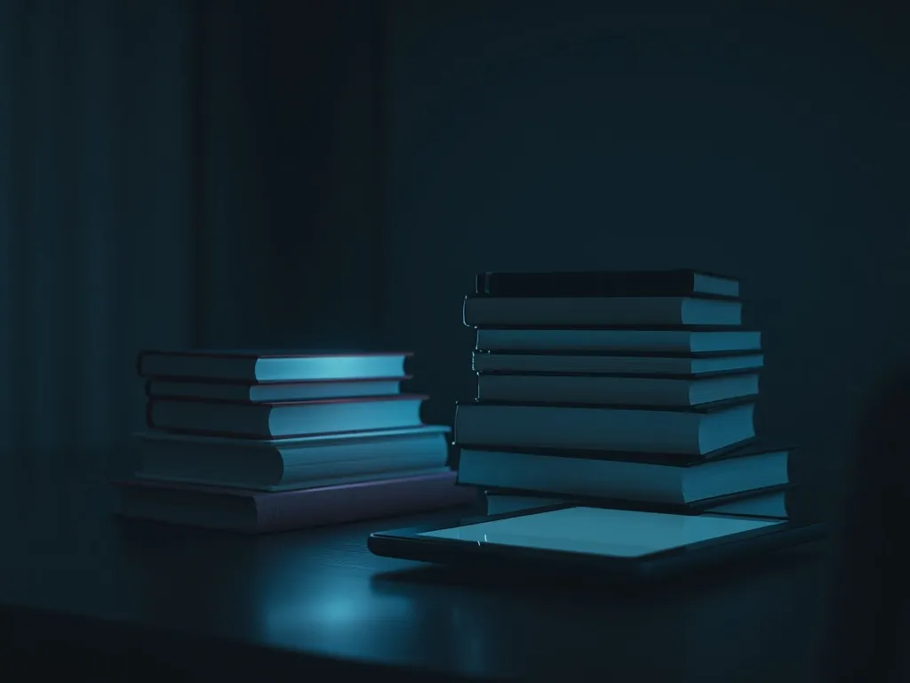 A stack of modern tech books on a dark desk with a glowing t