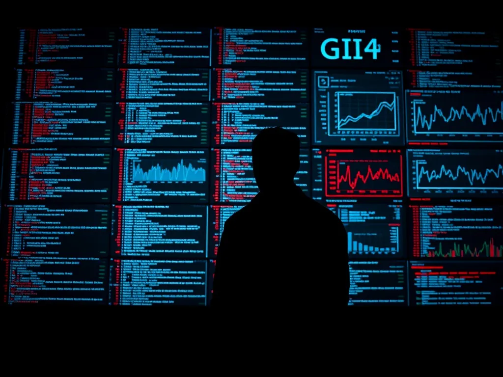 A silhouette of a person looking at a huge wall of digital s