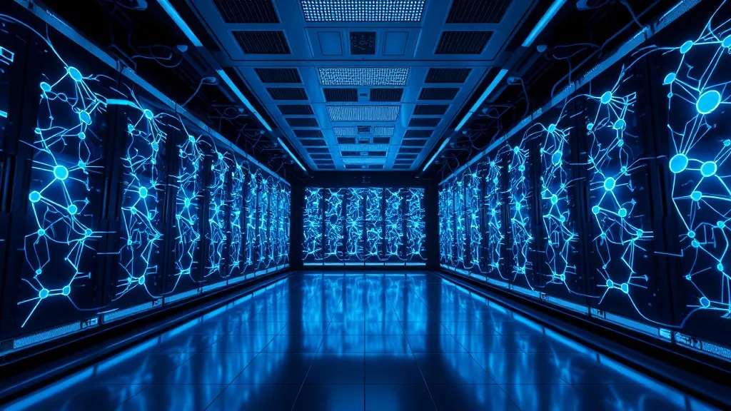 A futuristic server room with glowing blue and white neural