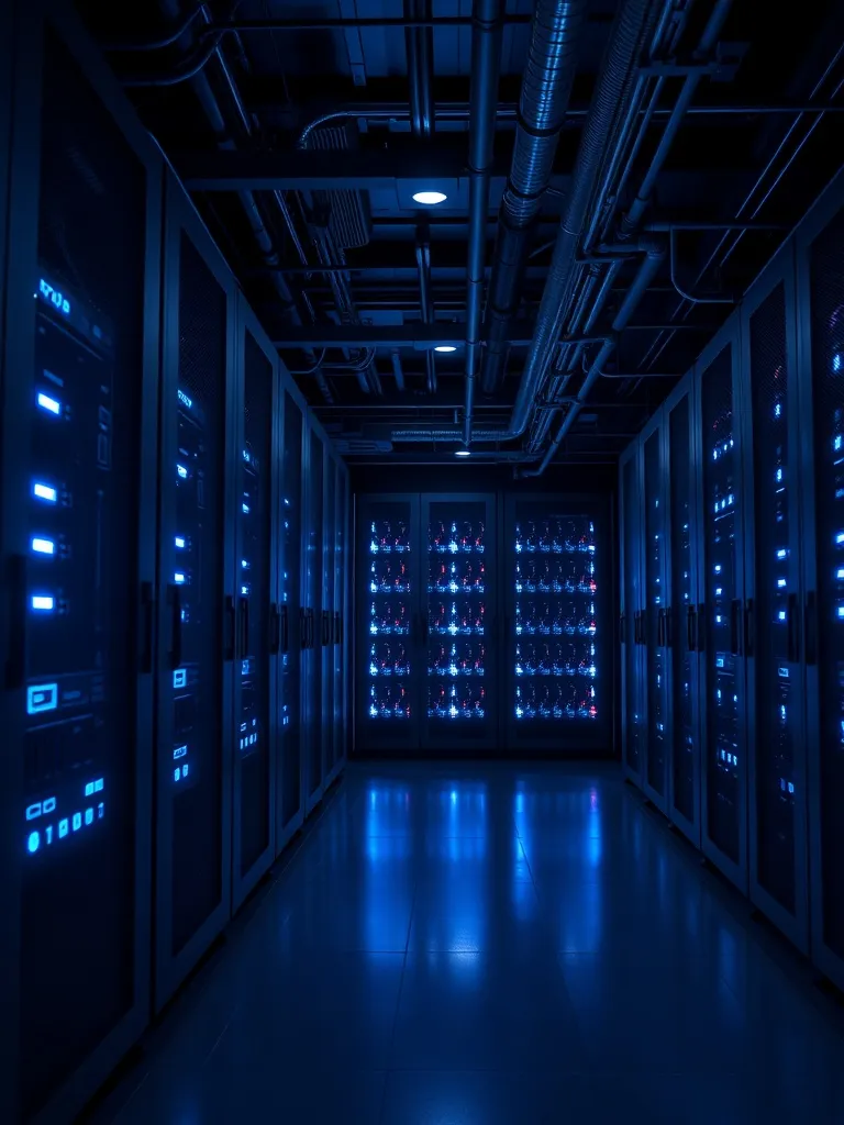 High-tech server room with dark matte surfaces, glowing blue