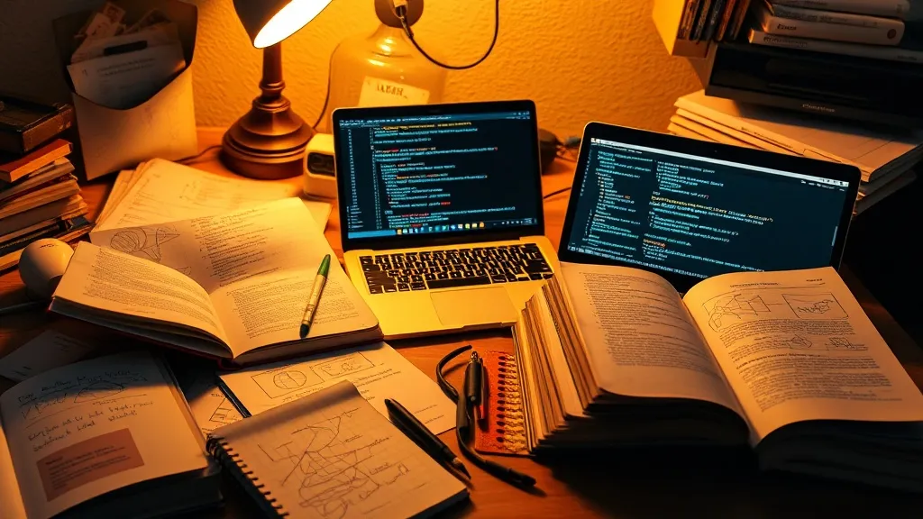 A messy desk with several open books about artificial intell