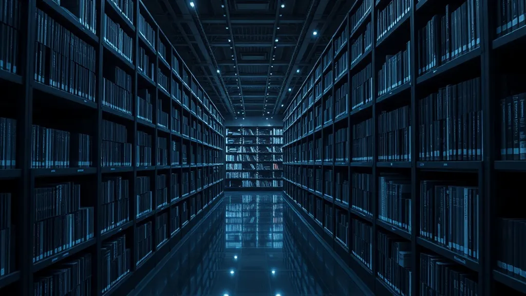 A futuristic library with dark metallic shelves and glowing