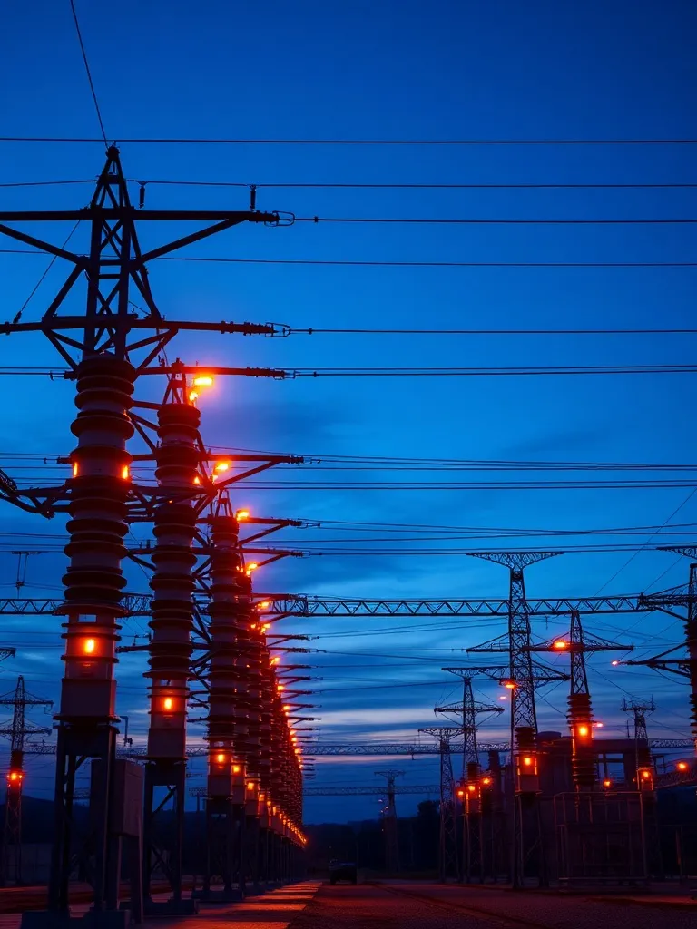 Modern electrical substation at dusk, glowing insulators, hi