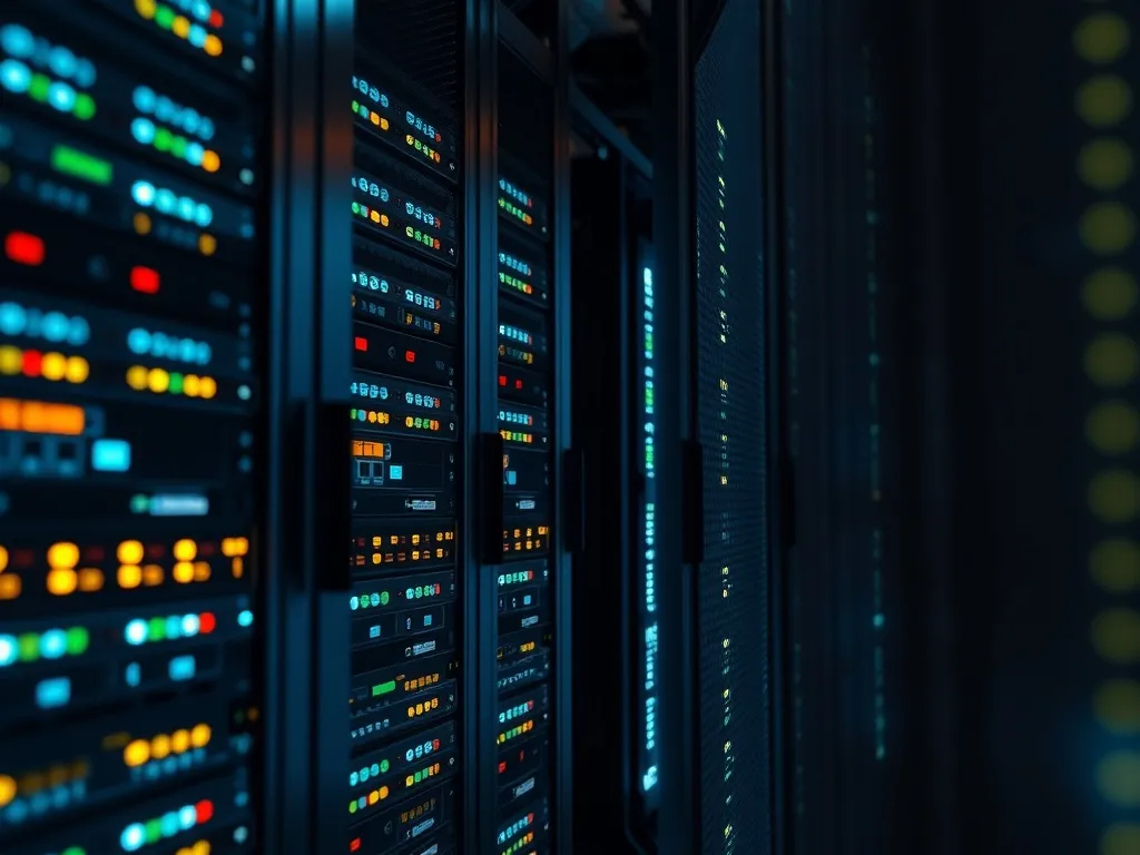 Close up of high-end computer servers in a dark data center,